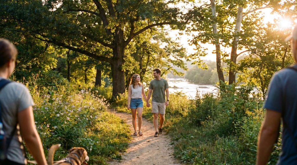 man and woman holding hands while walking a wooded riverside trail near richmond virginia while recovering from burnout and mental exhaustion