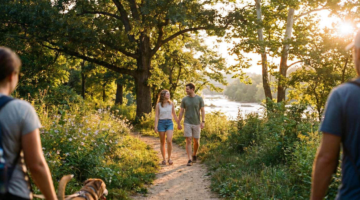 man and woman holding hands while walking a wooded riverside trail near richmond virginia while recovering from burnout and mental exhaustion