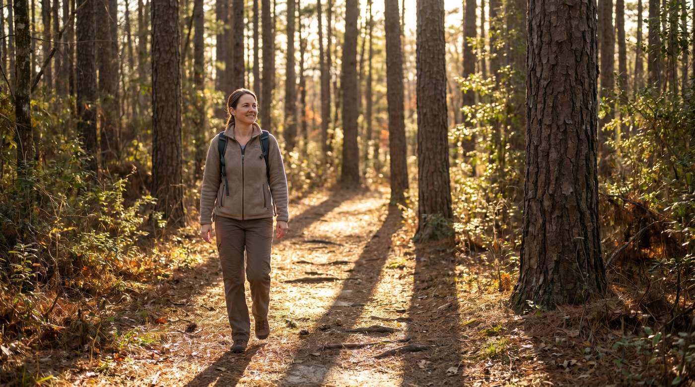 woman hiking a sunlit pine forest trail near richmond virginia while managing perimenopause related mood changes