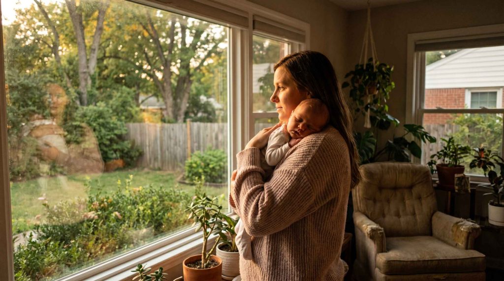 woman holding her sleeping newborn by a sunlit window at home in richmond virginia while coping with postpartum depression