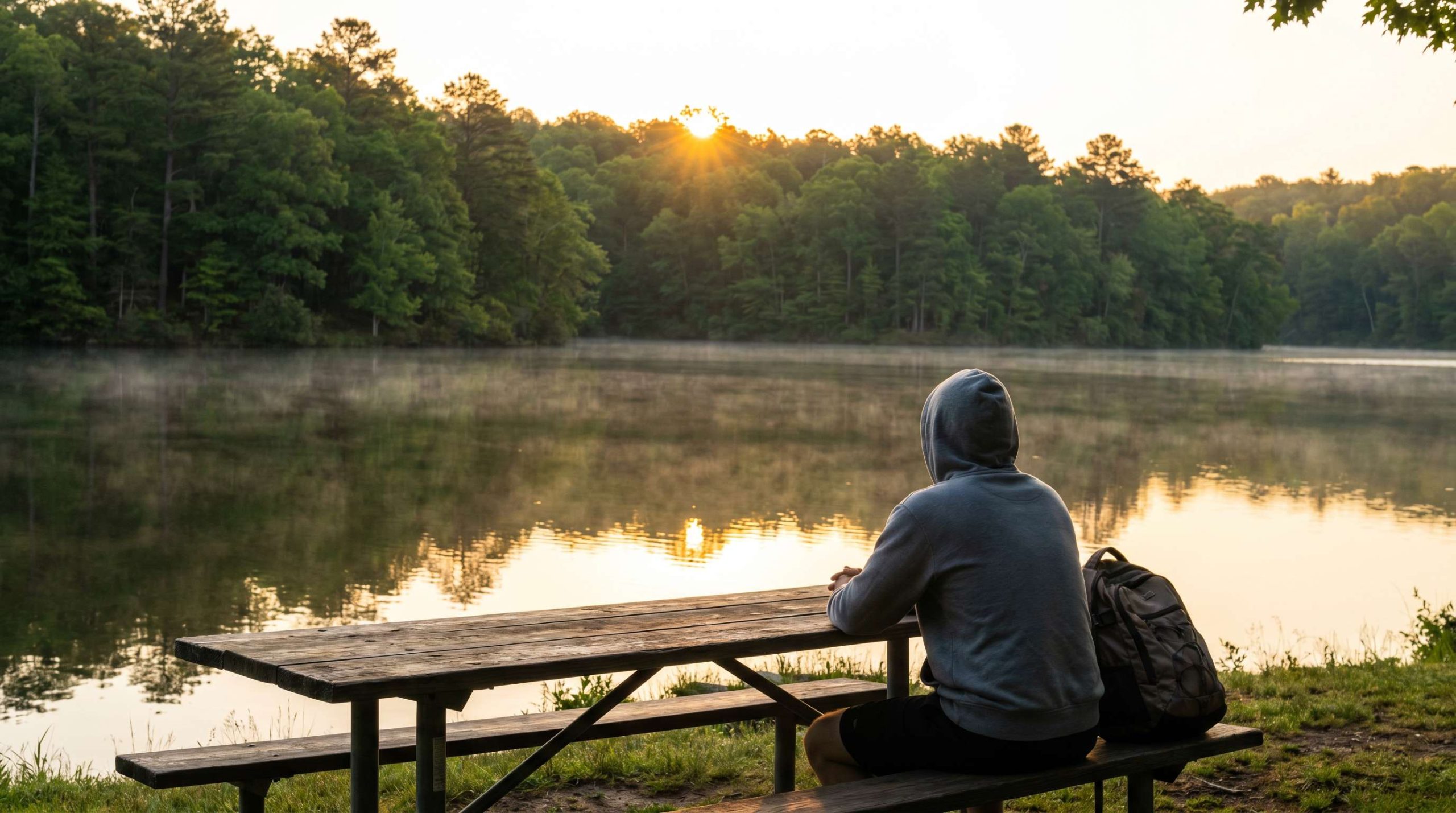 man in a hooded sweatshirt sitting at a lakeside picnic table at sunrise near richmond virginia while coping with chronic fatigue and brain fog