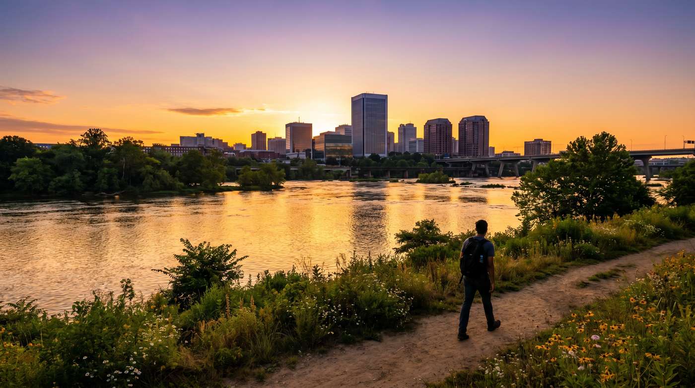 man walking a james river trail at sunset with the richmond virginia skyline in the distance while exploring ketamine therapy and neuroplasticity