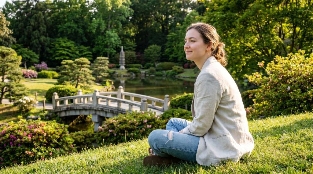 woman sitting calmly in a japanese garden by a stone bridge and pond near richmond virginia while managing social anxiety disorder